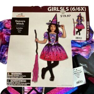 Girls Unicorn Witch Costume Dress & Hat Set Size Small 6/6X Pink Black